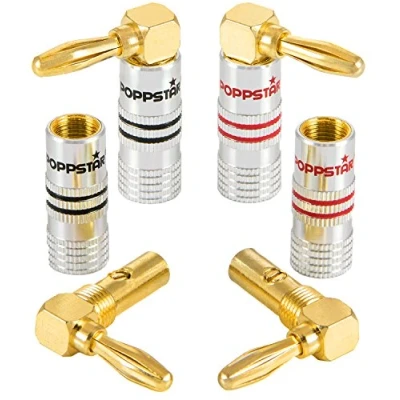 Afbeelding van Poppstar 4x High End Bananenstekker Hoekig, voor Luidsprekerkabel (tot 6 mm²), Speakers, Luidspreker, AV Receiver, 24k Vergulde Contacten (2x zwart, 2x rood)