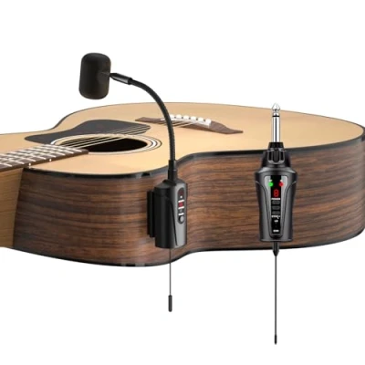 Afbeelding van ACEMIC draadloze microfoon voor akoestische gitaren, draagbare UHF clip on muziekinstrumentmicrofoon met zender en 6,35 mm ontvanger, muzikanten, leraren, podiumoptredens, band AT 5