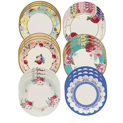Afbeelding van Talking Tables Set van 24 vintage papieren borden met bloemenprint in de middagthee, echt heerlijk, voor verjaardagsfeest, babyshower, bruiloft en jubileum, wegwerpservies, 23 centimeter