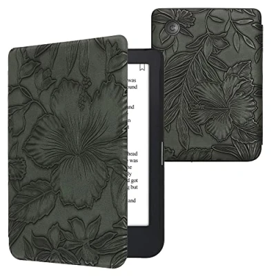 Afbeelding van kwmobile e reader hoesje compatibel met Kobo Clara 2E Magneetsluiting Ereader case Bloemen in reliëf groen
