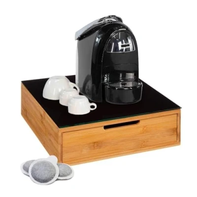 Afbeelding van Avilia Ruimtebesparende capsuledispenser van bamboe met 2 laden voor capsules, koffiepads en suiker