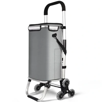 Afbeelding van VOUNOT Boodschappentrolley met 6 wielen van aluminium waterdicht geïsoleerd vak, boodschappentrolley, opvouwbaar, 3 in 1, tas, trolley, trap, grijs, 50 l