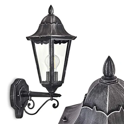 Afbeelding van Buitenwandlamp Lignac, gegoten aluminium in zwart/zilver met heldere glasruiten, wandlamp, E27 fitting, retro/vintage buitenlamp voor terras en binnenplaats, zonder gloeilamp