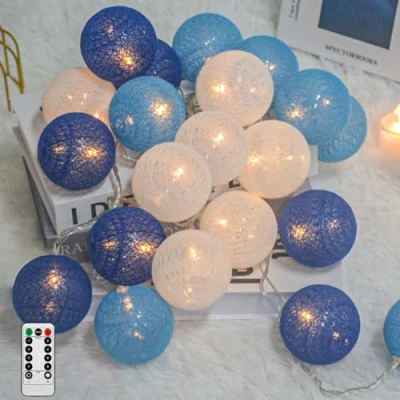 Afbeelding van Ciskotu Katoenen bollen lichtsnoer, 20 leds, USB, dimbaar, met afstandsbediening en timer, led bollen, lichtketting voor kinderkamer, Kerstmis, bruiloft, feest (blauw)