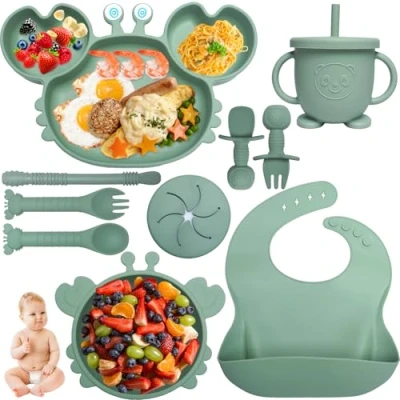 Afbeelding van Kinyoda babyvoedingsset, 10 delige antislip babyvoeding met zuignap, bord, kom, slabbetje, bestekset voor kinderen, BPA vrij (groen)