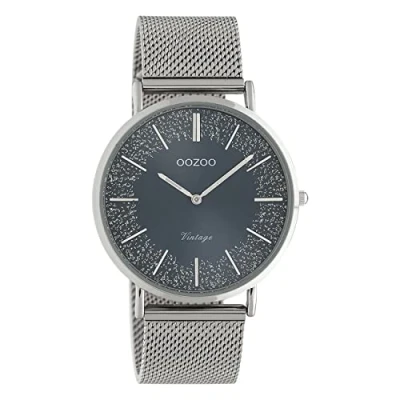 Afbeelding van Oozoo Vintage plat dameshorloge met Milanese metalen armband van roestvrij staal Glitter Line glinsterende elementen in de wijzerplaat 40 mm, C20134 blauw/zilverkleuren, groß, stijl