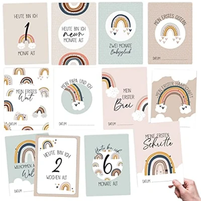 Afbeelding van Papierdrachen Milestone Cards 32 mijlpaalkaarten voor baby&#039;s en peuters, jongens meisjes, regenboog, cadeau idee geboorte, babyshower of doop