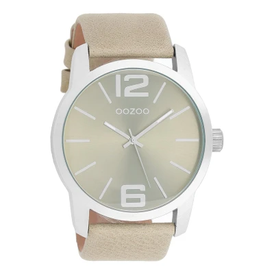 Afbeelding van OOZOO Timepieces Zilverkleurige horloge met zand/licht groene leren band C8031