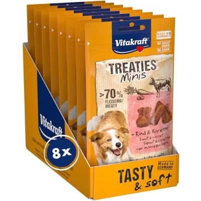 Afbeelding van Vitakraft Treaties Minis Hondensnackers, met rundvlees en wortel, hoog vleesgehalte, ideaal als beloning training, in voorraadgrootte (8 x 48 g)