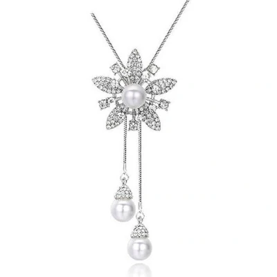 Afbeelding van N3 Collecties Parel Dames Statement Ketting Zilver Kleur Kristal Bloem Lange kettingen