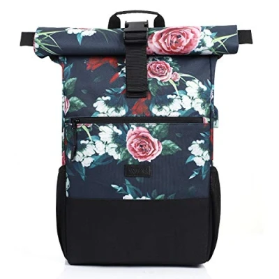 Afbeelding van Rolltop Rugzak Dames, Laptoprugzak voor 17,3 inch laptop, Schoolrugzak tienermeisje met USB oplaadpoort werk, universiteit, school, reizen, sportrugzak (Bloem 26L)