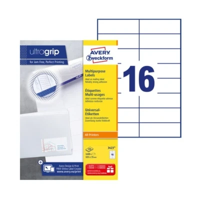 Afbeelding van Avery Zweckform 3423, Universele etiketten, Ultragrip, wit, 100 vel, 16 per 105 x 35 mm etiket