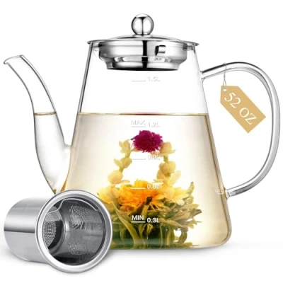 Afbeelding van Zpose 1500ml glazen theepot, grote theepot met infuser voor losse thee en bloeiende thee, kookplaat veilige theeketel, handgemaakte borosilicaatglas theemaker schaallijn, theegeschenk set