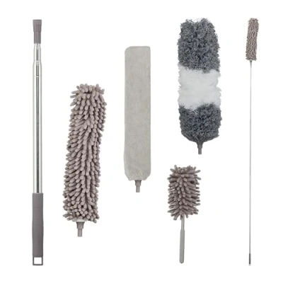 Afbeelding van Relaxdays plumeau set, 4 opzetstukken, met telescoopsteel, 2,5 meter, wasbaar, buigbaar, ragebol uitschuifbaar, grijs