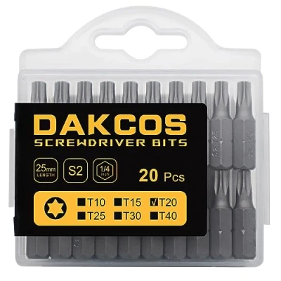 Afbeelding van DAKCOS T20 bits, bits T20, bit assortiment van S2 (lengte: 25 mm, 20 stuks)