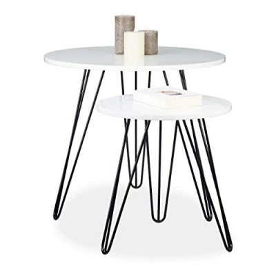 Afbeelding van Relaxdays bijzettafel, set van 2 stuks, hout &amp; metaal, glanzend, gelakte salontafel, Hx∅ : 52 x 60 cm, rond
