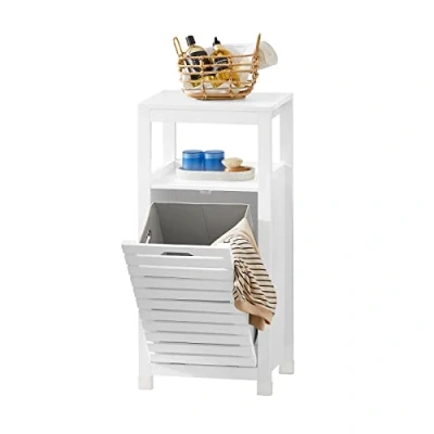 Afbeelding van SoBuy Badkamermeubel, Badkamerkast, Halfhoge Opbergkast, Lage Kast, Smal Badkamerkastje, Opbergkast met 1 Kantelbare Wasmand, Opbergplank voor Badkamer, Woonkamer, L42 x B30 H90 cm, Wit, BZR67 W