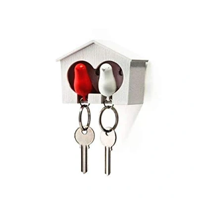 Afbeelding van TOPWAYS Novelty Duo Sparrow Bird House sleutelhanger en Birdkey Haken zelfklevende (witte rode vogels)