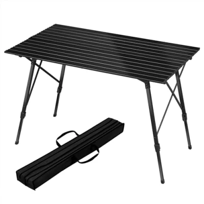 Afbeelding van WOLTU Aluminium campingtafel, inklapbaar, in hoogte verstelbaar, met draagtas en oprolbaar tafelblad, klaptafel, reistafel, voor 4 6 personen, camping, tuin, balkon, 120 x 68,5 cm, zwart