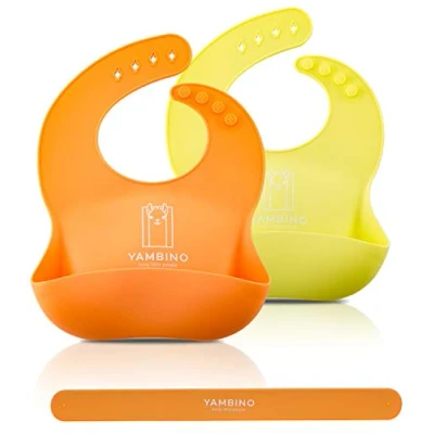 Afbeelding van Set van 2 Baby slabbetje met riempje 30x22cm BPA vrij zacht siliconen lekbakje morsvrij eten waterdicht gemakkelijk schoon te maken, vaatwasmachinebestendig YAMBINO® (oranje / geel)