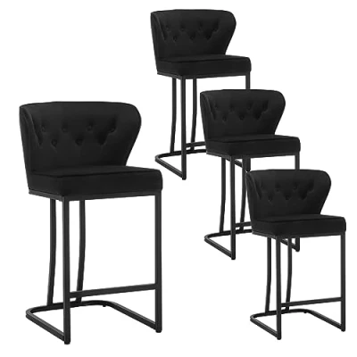 Afbeelding van WOLTU Barkruk set van 4, barstoel, bistrokruk, gestoffeerde kruk, barkruk, designkruk, met grote zitting, rugleuning, voetensteun, fluwelen bekleding, voor bar, keukeneiland eetkamer, zwart,