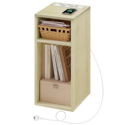 Afbeelding van WOLTU nachtkastje met USB poorten, voor smalle slaapkamer, ruimtebesparend 2 open vakken, woonkamer, kinderkamer, hout, 25 x 30 60 cm, NTS06hot