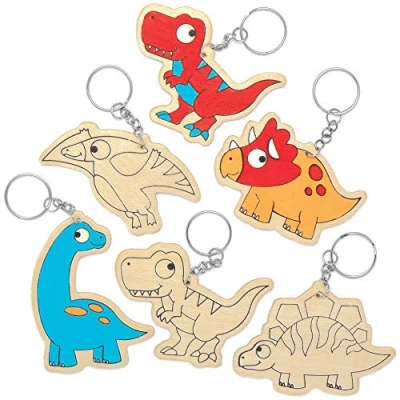 Afbeelding van Baker Ross AT671 Houten Dinosaur sleutelhangers Maak je eigen voor kinderen om in te kleuren, maken en weer geven