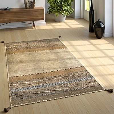 Afbeelding van Paco Home Natuurvloerkleed Met Franjes Voor De Woonkamer, Handgeweven Patroon Kelim, 100% Katoen 60x110 cm