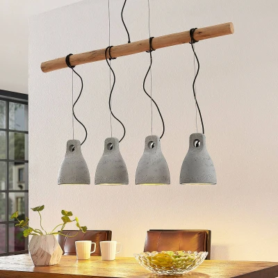 Afbeelding van Lindby hanglamp 4 lichts beton, hout E27 grijs, licht