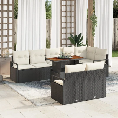 Afbeelding van vidaXL 9 delige Tuin Sofa Set met Kussens Zwart Poly Rattan Acacia, 2 zits