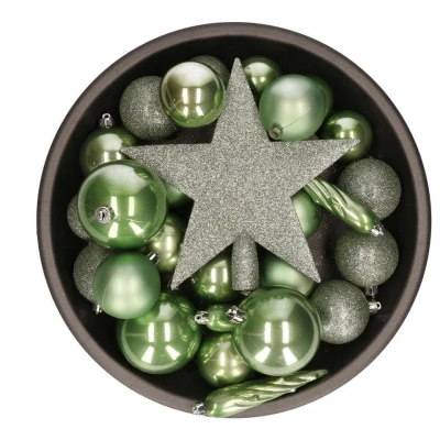 Afbeelding van Kerstballen met piek 33 stuks salie groen 5 6 8 cm