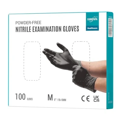 Afbeelding van EUROPAPA 100 x nitrilhandschoenen, doos wegwerphandschoenen, onderzoekshandschoenen, nitril handschoenen, poedervrij, zonder latex, niet steriel, latexvrij, wegwerphandschoenen (M, Zwart)