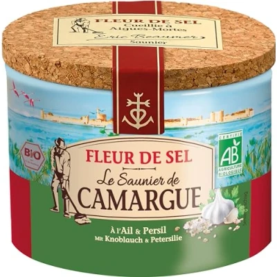 Afbeelding van Le Saunier De Camargue Fleur Sel Knoflookpeterselie in blikje van 125 g, premium zeezout uit Zuid Frankrijk, ideaal als afwerking gerechten