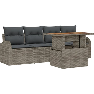 Afbeelding van vidaXL 5 delige tuin eetset met kussens Grijs Poly Rattan Acacia