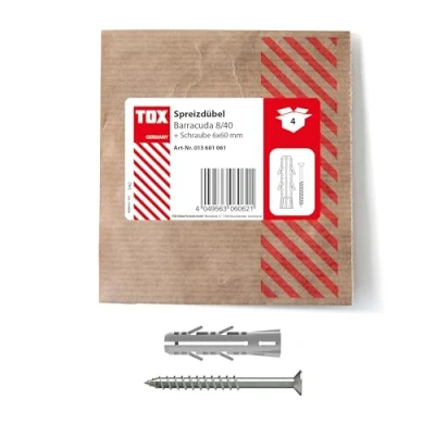 Afbeelding van TOX Barracuda expansieplug 8x40 mm + schroef, plug met zeer hoge hechtingswaarden voor massieve baksteen en beton, 4 stuks in hersluitbare milieuvriendelijke papieren verpakking, 013601061