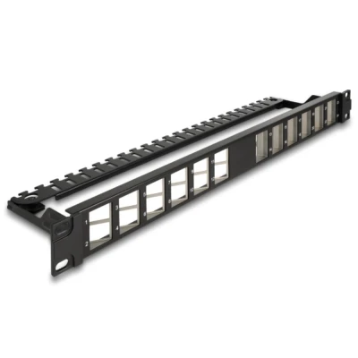 Afbeelding van Delock 19″ Keystone Patchpanel 24 Port gewinkelt mit Entlastungsschi