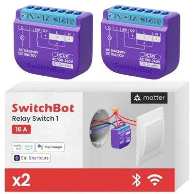 Afbeelding van SwitchBot Smart Relais Schakelaar 1, Wi Fi &amp; Bluetooth werkt met Alexa/Apple HomeKit/Google Home/Matter, 2,4 GHz, Home Automation,16A 2 stuks