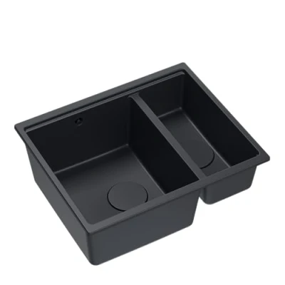 Afbeelding van Quadron Logan 150 granieten spoelbak, keukenspoelbak, afmetingen 55,5 x 46 22 cm, Pure Carbon, dubbele wastafel, kastbouw vanaf 60 cm