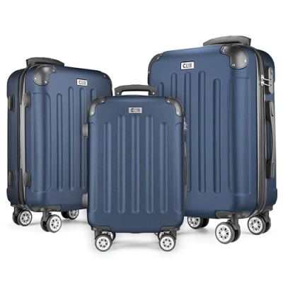 Afbeelding van POSH koffer met Harde schaal, trolley, rolkoffer, reiskoffer, handbagage, 4 wielen, van ABS, vakantiekoffer in M L XL SET, Donkerblauw, ABS kunststof