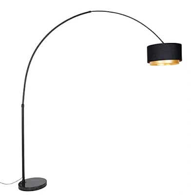 Afbeelding van QAZQA shade duo Moderne Booglamp Vloerlamp Staande Lamp met kap 1 lichts H 269 cm Zwart Goud Woonkamer Slaapkamer