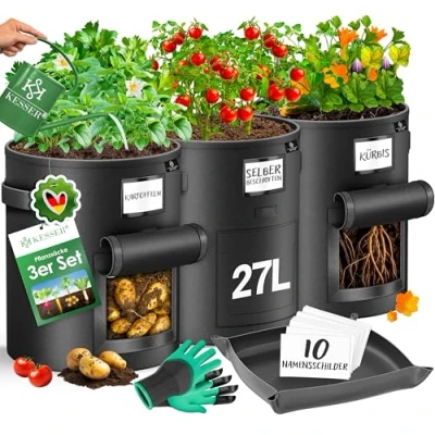 Afbeelding van KESSER® Aardappelplantenzak, 3 delige set, 27 liter, aardappelplantenzak van vlies met naambordjes, plantenzak ramen en handgrepen, wasbaar, inclusief handschoenen werkmat, zwart