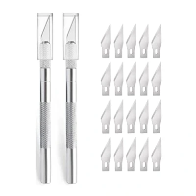 Afbeelding van 2 stuks cutter voor doe het zelf kunst werk snijden, scalpel met 20 reservemesjes, knutselmes, cuttermes, hobbymes, snijmes, caving, sculptuur, raamfolie, lakbeschermingsfolie (zilver)