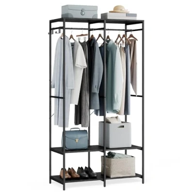 Afbeelding van SONGMICS Open kledingkast, kledingrek, kledingstandaard met kledingstang, planken, afneembare haken, 40 x 94,5 180 cm, ebbenhoutzwart RGR004B56
