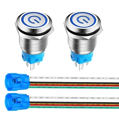 Afbeelding van Gebildet 2pcs 0.63&#039;&#039;/16mm Roestvrijstalen Vergrendelende Drukknop 12V 24V 5A Voedingssymbool LED 1NO1NC SPDT AAN uit Waterdichte Tuimelschakelaar met Draadstekker(Blauwe LED)