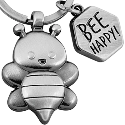 Afbeelding van LANOLU sleutelhanger bij Bee Happy, Moedermaker cadeau, geluksbrenger geluk, tuinders geschenken, partner, hommel bijenhanger als metalen figuur, Vintage zilver., S