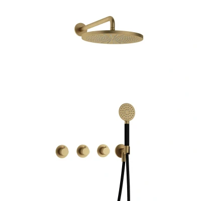Afbeelding van Hotbath Cobber Regendoucheset IBS70 Geborsteld Messing Ronde handdouche 30cm Hoofddouche Wandarm Handouche met wandhouder