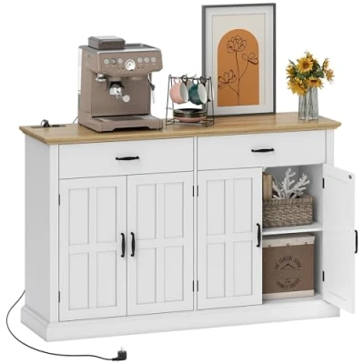 Afbeelding van HOMCOM dressoir met USB poort en stekkerdoos, opbergkast 2 kasten schuurdeuren, laden verstelbare planken, eetkamer woonkamer, 140 x 40 91,5 cm, wit