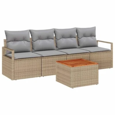 Afbeelding van vidaXL 5 delige tuinzetelset met kussens Beige Poly Rattan Acacia
