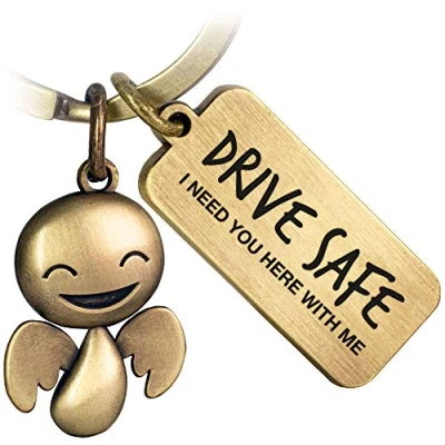 Afbeelding van FABACH Sleutelhanger Happy met gravure, leuke autosleutelhanger metalen boodschap voor automobilisten, cadeau, geluksbrenger, rijbewijs, Drive Safe, antiek brons, One Size
