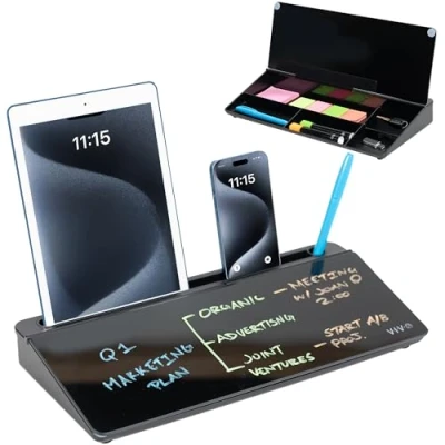 Afbeelding van Vivo DESK WB16B Glazen droog afwisbaar bord met opslag, desktop whiteboard organizer verborgen compartimenten en apparaatgleuf, zwart, 40,6 x 17,8 cm